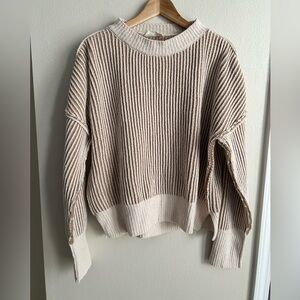New In Two Toned Tan Cream Knit Crewneck Sweater Size S Small